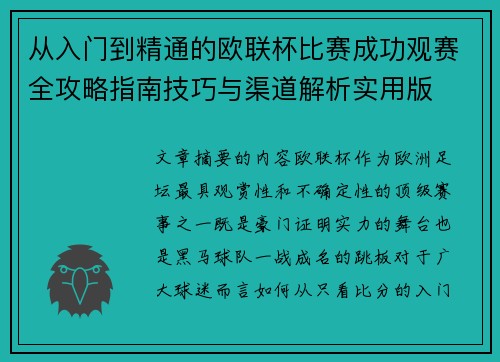 从入门到精通的欧联杯比赛成功观赛全攻略指南技巧与渠道解析实用版
